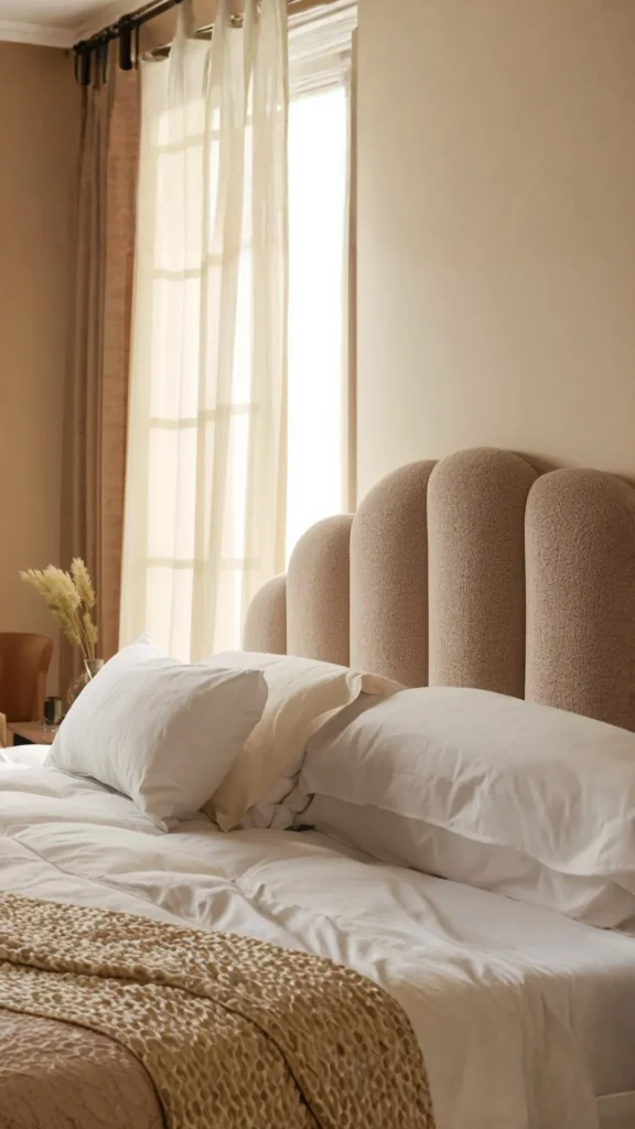 curved wavy bouclé headboard bedroom soft neutral styling 2026