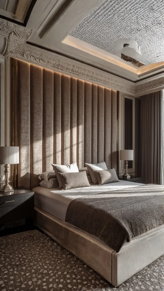 oversized floor to ceiling bouclé headboard bedroom luxury master bedroom