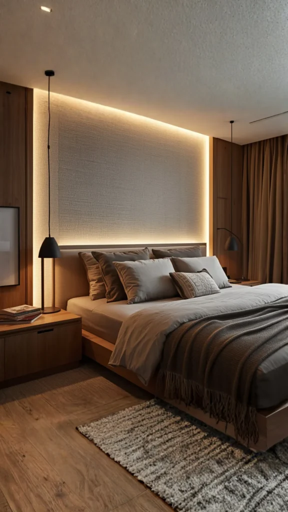 bouclé headboard bedroom warm wood bed frame organic modern style