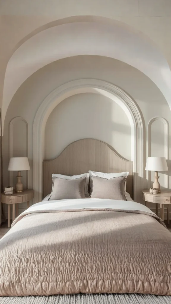 arched bouclé headboard bedroom elegant neutral high ceiling serene