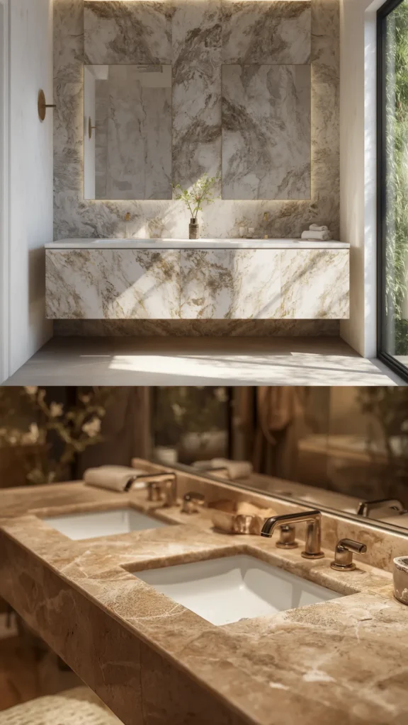 bathroom vanity ideas natural stone countertop warm travertine marble tones beautiful 2026