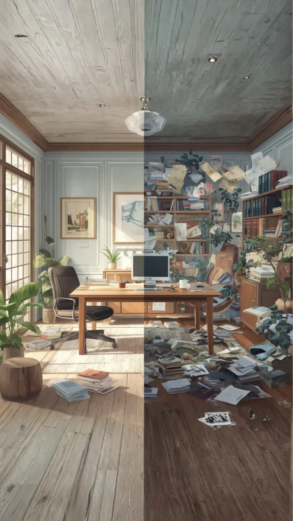 japandi home office ideas quality difference japandi workspace versus cluttered standard 2026