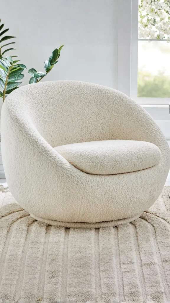 curved accent chair round globe cream boucle warm organic living room 2026