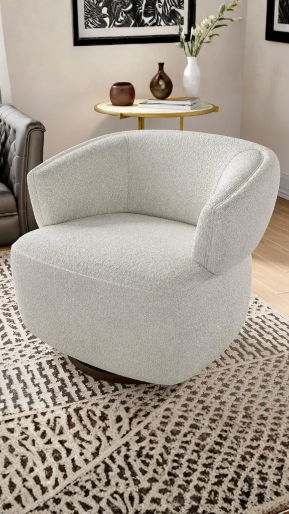 curved accent chair barrel bouclé linen warm living room considered 2026