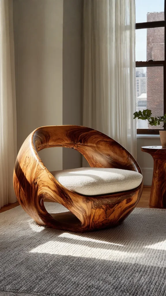 curved accent chair sculptural wooden organic carved form warm room beautiful 2026