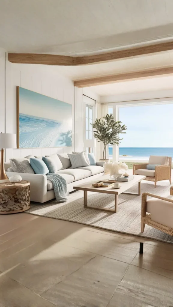 coastal living room ideas layered natural rugs sandy neutral tones beautiful 2026