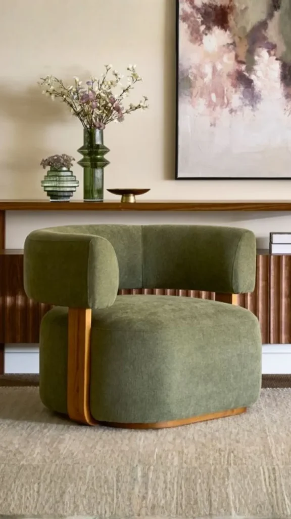 curved accent chair boucle sage green terracotta earthy accent piece living room 2026