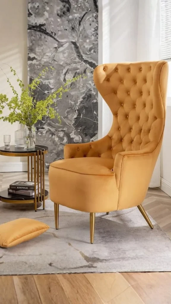 curved accent chair wingback warm linen contemporary sophisticated living room 2026