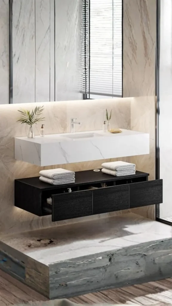 bathroom vanity ideas integrated basin seamless stone countertop clean beautiful 2026