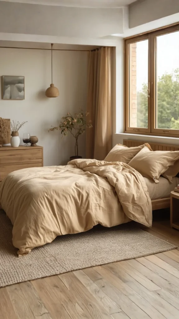organic modern bedroom ideas warm oat linen bedding layered beautifully 2026