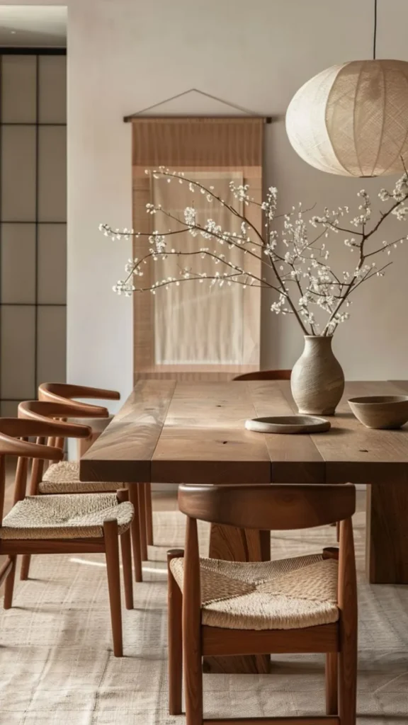 japandi dining room ideas wishbone dining chairs warm natural wood around table 2026