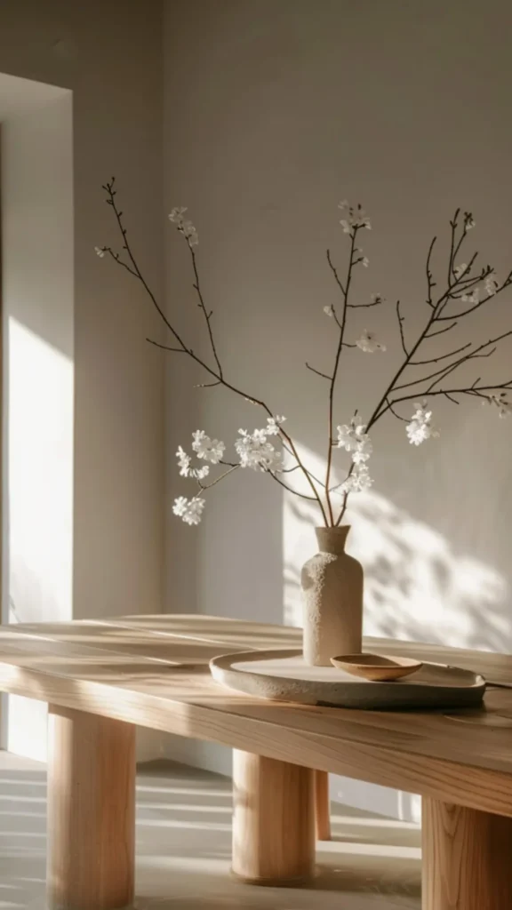 japandi dining room ideas handmade ceramic centrepiece vessel natural stems table 2026