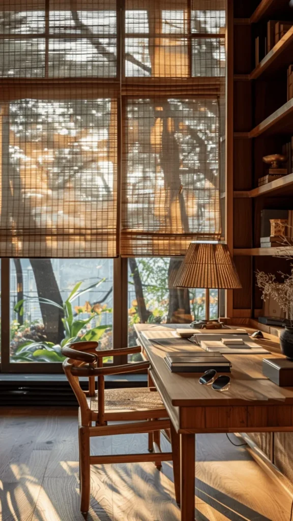japandi home office ideas warm wood shelving books ceramics natural objects 2026