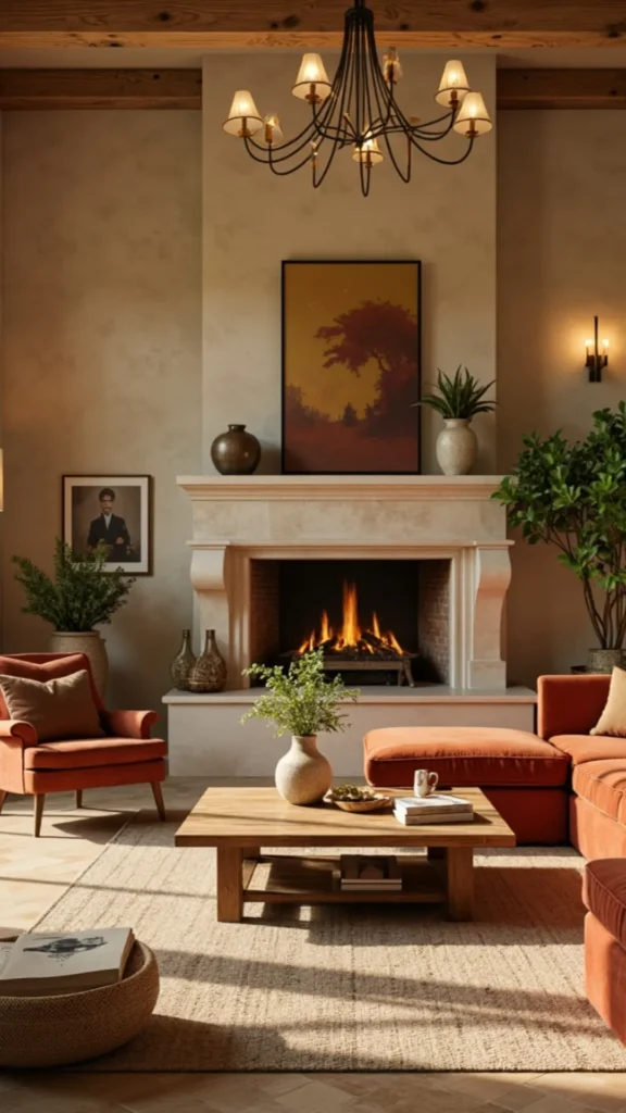 stone fireplace ideas natural travertine surround warm creamy tones living room 2026