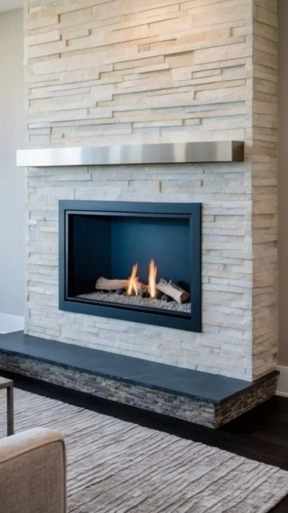 stone fireplace ideas stacked slate feature dramatic textured focal point living room 2026