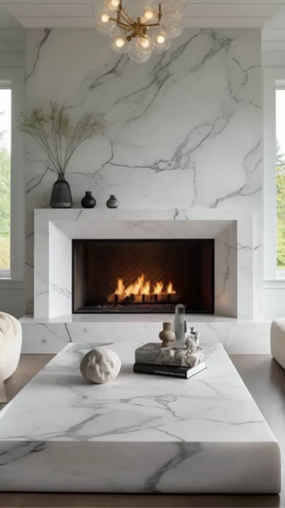 stone fireplace ideas smooth marble surround warm natural veining refined living room 2026