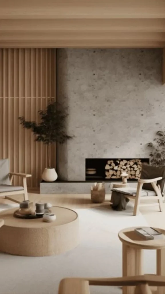 stone fireplace ideas japandi organic modern living room integrated naturally warm 2026