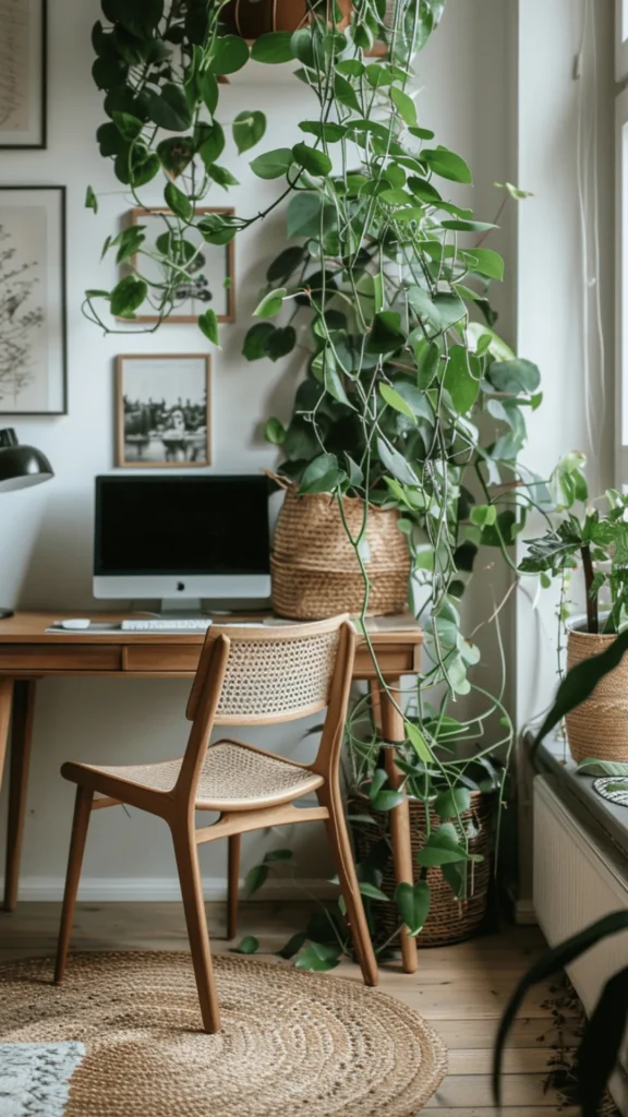 japandi home office ideas one large plant beside desk near natural light beautiful 2026
