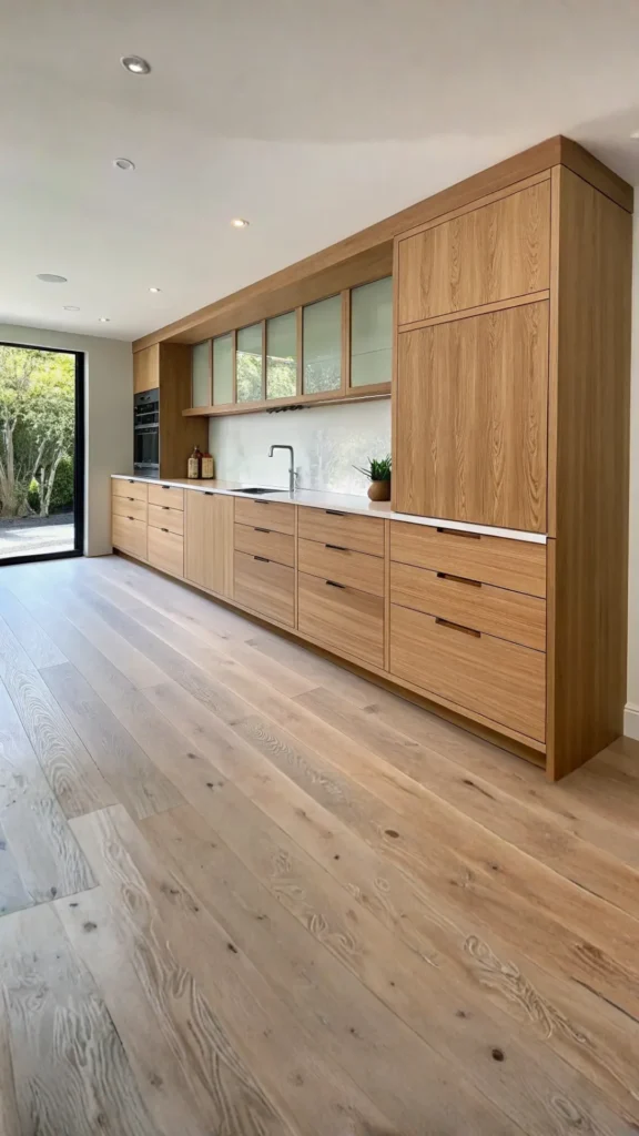 organic modern kitchen ideas warm oak handleless cabinetry natural grain beautiful 2026