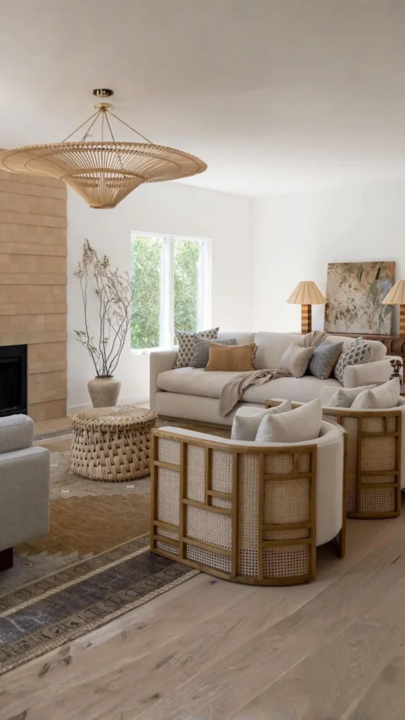 organic modern living room ideas natural textiles layered linen wool jute boucle 2026