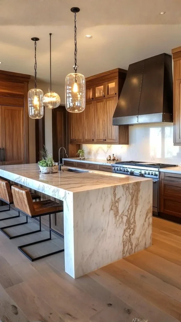 organic modern kitchen ideas warm pendant lights above island anchoring space beautiful 2026