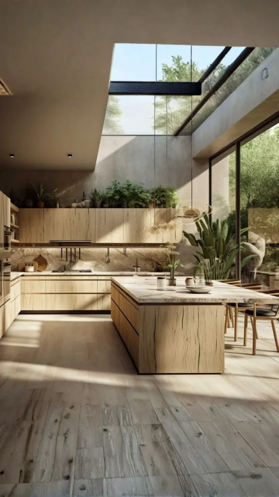 organic modern kitchen ideas natural stone warm wood flooring beautiful earthy 2026