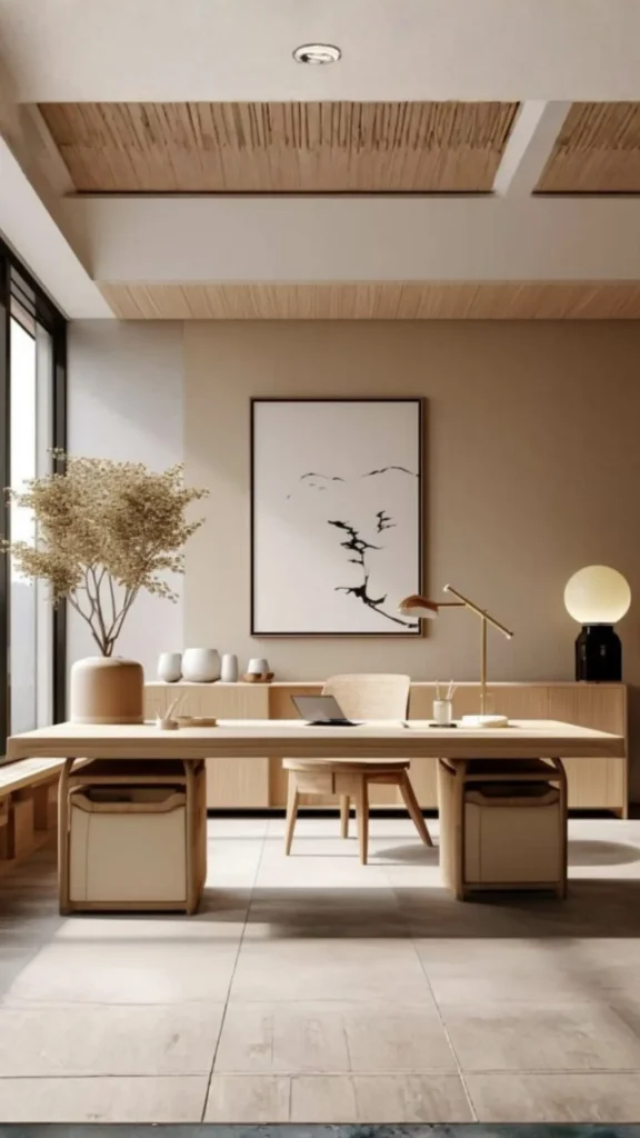 japandi home office ideas warm layered desk lighting ceramic lamp floor lamp ambient 2026
