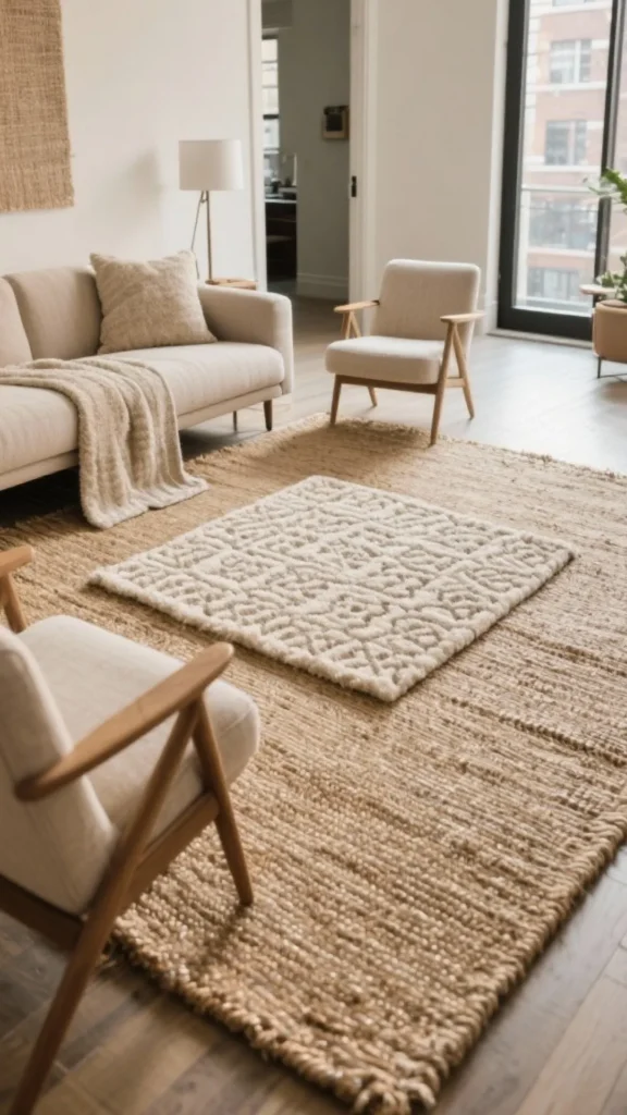 neutral living room ideas natural jute rug anchoring seating zone warm beautiful 2026