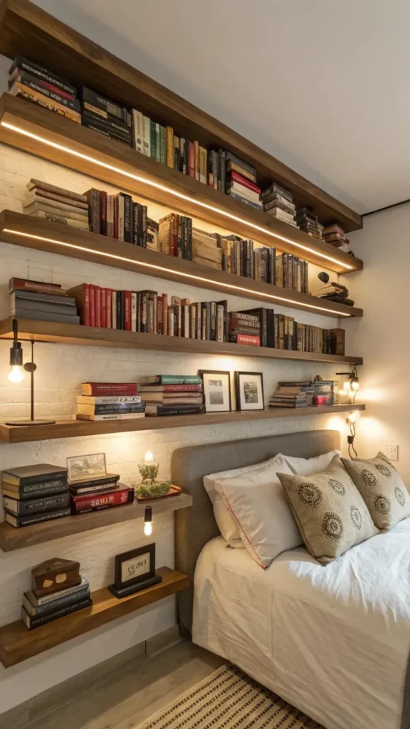 bedroom storage ideas floating shelves books ceramics warm bedroom beautiful 2026