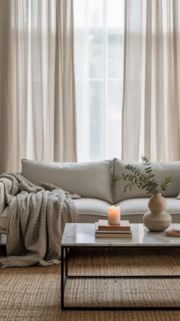 neutral living room ideas layered textures linen jute boucle ceramic warm wood 2026