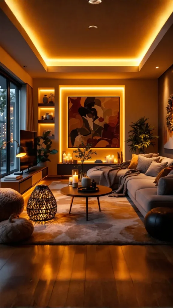 neutral living room ideas warm amber lamp lighting evening beautiful transformation 2026