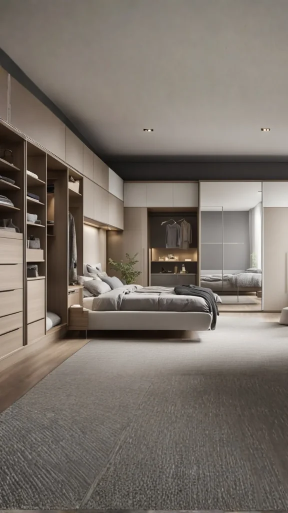 bedroom storage ideas wall to wall wardrobe behind bed seamless storage beautiful 2026