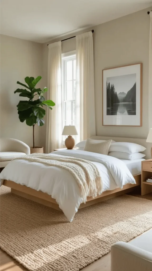 organic modern bedroom ideas natural textures layered jute rug linen bedding boucle throw 2026