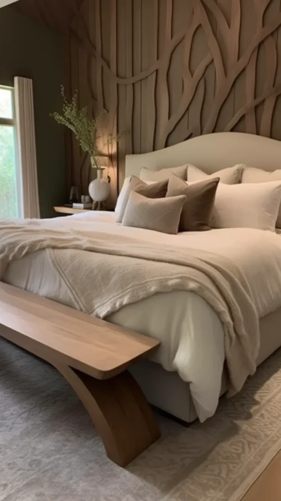 organic modern bedroom ideas curved organic bedside tables either side bed warm 2026