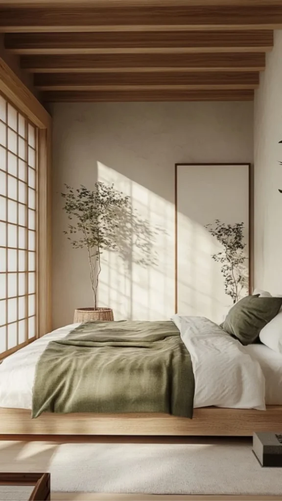 japandi bedroom ideas muted nature-connected palette warm white oat subtle sage 2026