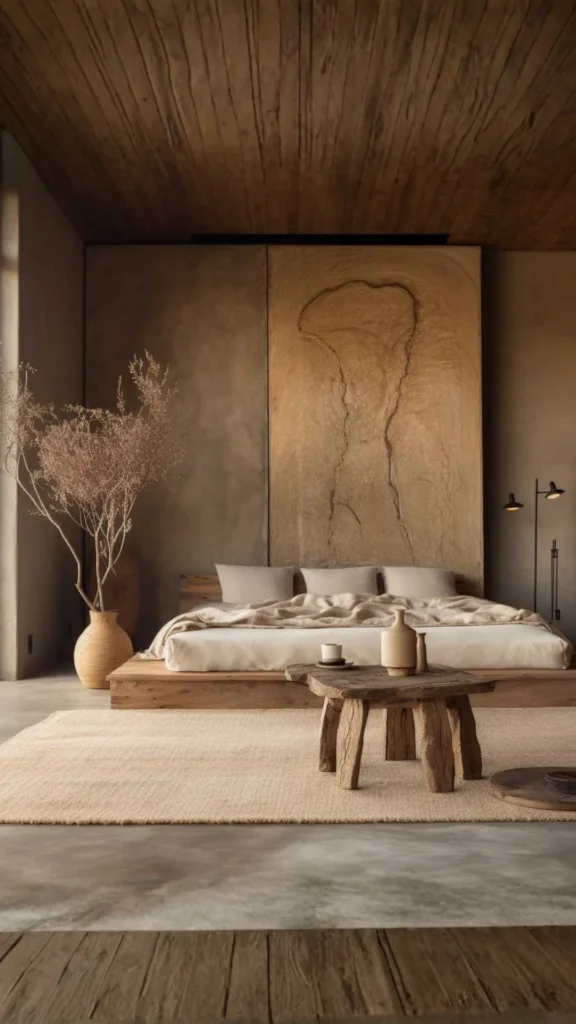 japandi bedroom ideas wabi-sabi objects handmade ceramic natural branch worn wood 2026