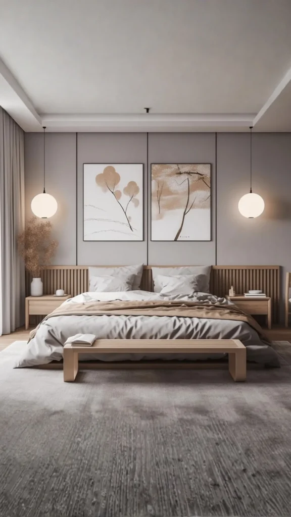japandi bedroom ideas warm layered bedside lighting ceramic lamp wall sconce 2026