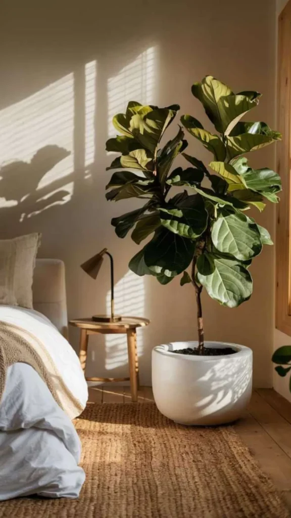 japandi bedroom ideas one large statement plant warm ceramic pot beautiful 2026