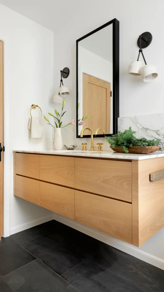 bathroom vanity ideas floating warm wood visible floor airy modern look 2026