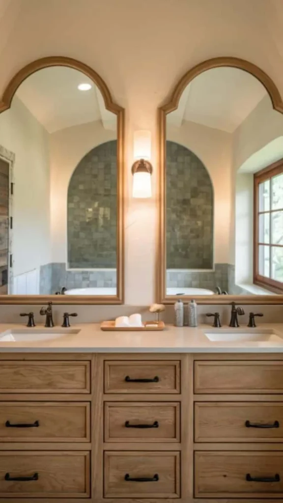 bathroom vanity ideas double sink warm wood two basins warm mirrors above 2026