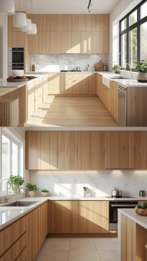 light oak kitchen cabinets white stone countertops marble quartz bright warm pairing