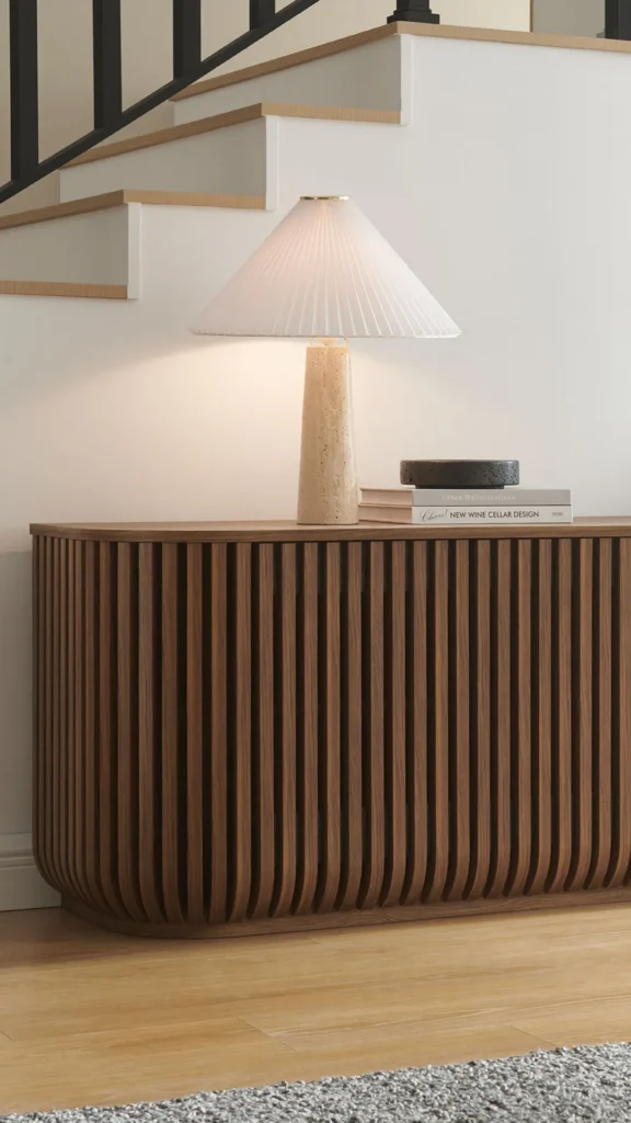 curved sideboard two tone contrasting wood front curved