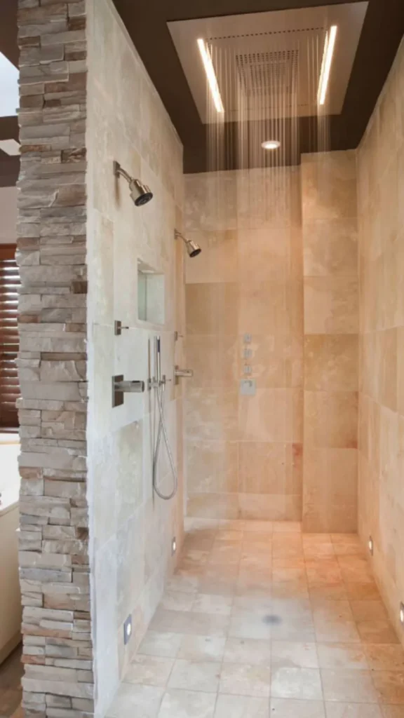 walk-in shower ideas fully tiled ceiling matching walls