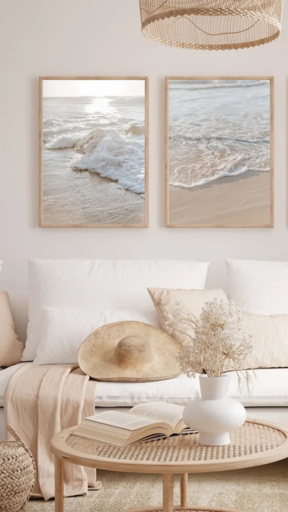 neutral living room ideas gallery wall muted tonal prints 2026