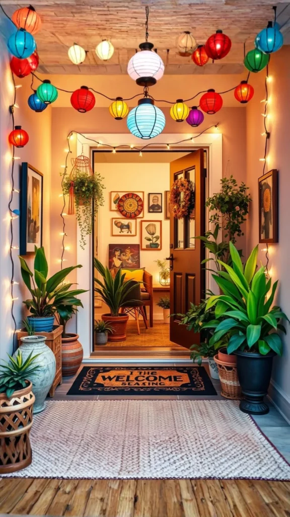 cozy entryway decor ideas warm lighting glowing welcoming atmosphere immediate mood setter