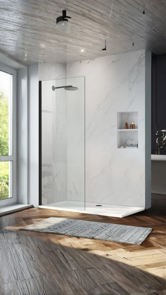 walk-in shower ideas frameless glass seamless open bathroom minimal 2026