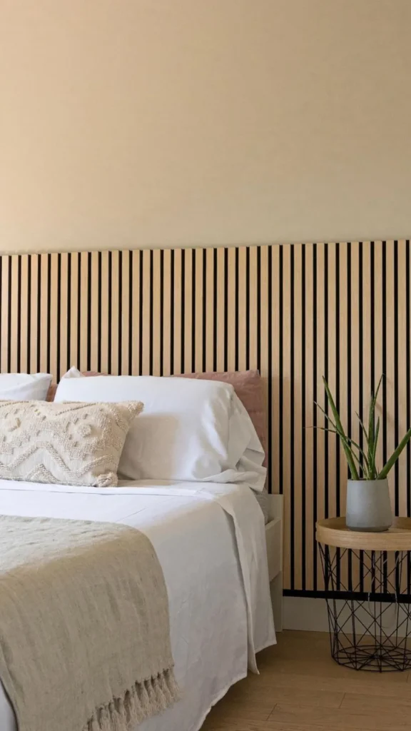 japandi style guide vertical wood slat feature wall bedroom warm 2026