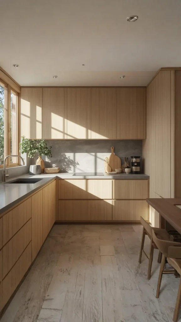 light oak kitchen cabinets japandi inspired pale oak concrete countertop minimal serene