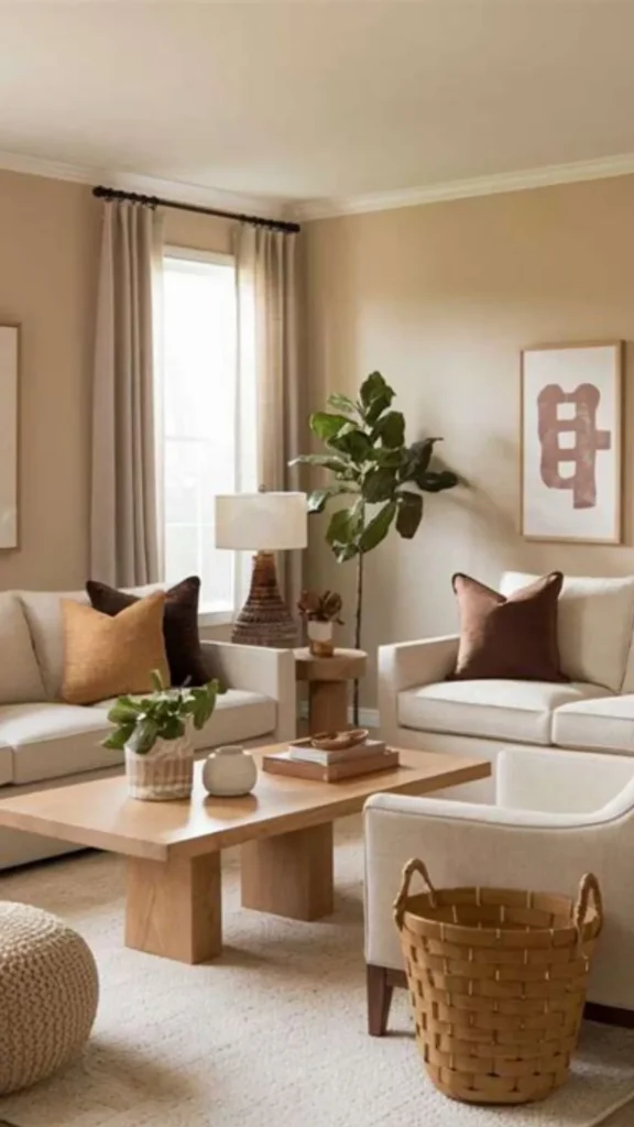 neutral living room ideas warm brass accents consistent 2026