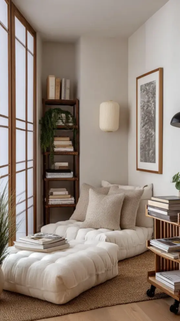 "japandi living room ideas reading nook low chair floor lamp quiet